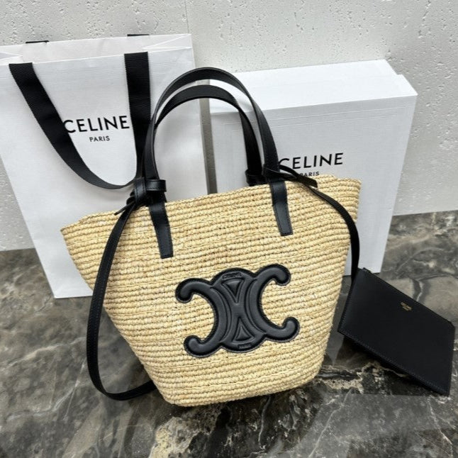 Celine - Classic Panier petit modèle Souple Raphia et veau